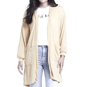 Lush Wide Ribbed Long Cardigan with Pockets Ivory